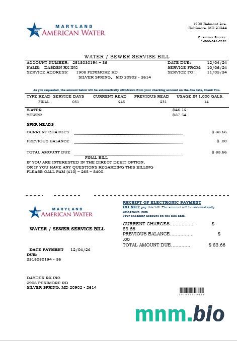 USA Maryland American water rachunek za usługi komunalne szablon w formacie Word i PDF